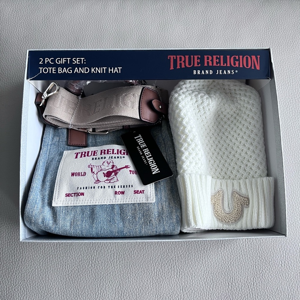 NWT - True Religion Mini Denim Tote Bag and Knit Hat Gift Set
